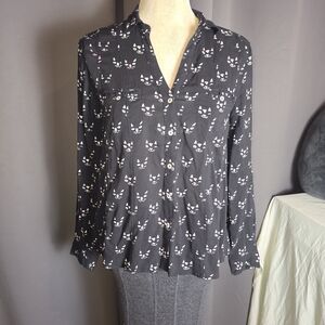 Maeve Anthropologie Cat Print Blouse Button Front Rayon Black Women’s Size 2